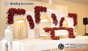 Décoration de scène de mariage musulmane Walima, thème rouge et or, décoration de réception de mariage moderne en matériau fibreux - Product Image 6