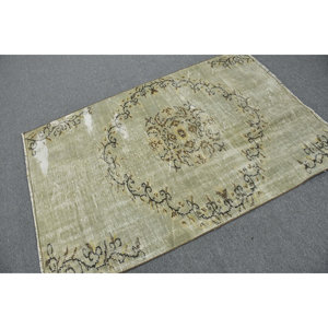 Tapis en laine vert vintage de 3.9x6 pieds, tapis plat turc, motif patchwork, décoration de salon avec support en latex - Product Image 2