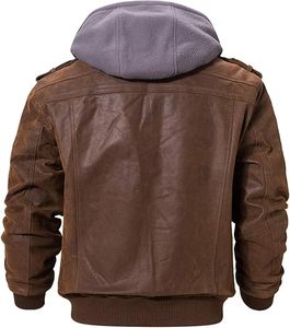Veste Homme Classique Marron en Toile Faux Cuir Design Slim Fit avec Capuche Épaule Matelassée Col Montant Fermeture Éclair sur le devant - Product Image 2