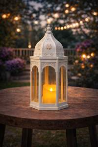 Lanterne marocaine en métal finition or blanc avec découpes complexes, lumière douce de bougie, élégante décoration de fête pour la maison, cadeau - Product Image 5