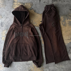 Vente en gros de sweats à capuche et pantalons de survêtement évasés avec fermeture à glissière surdimensionnée ensembles survêtement imprimé délavé à l'acide - Product Image 5