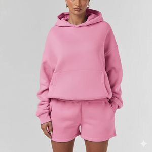 Bộ áo hoodie và quần short nữ may đo bán buôn, chất liệu 100% cotton, kiểu dáng đơn giản, phong cách thường ngày, thích hợp cho mùa đông, chất liệu dệt kim thoáng khí - Product Image 3