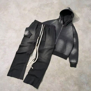 Hot Selling Custom <b>Men</b> Heavyweight Cotton Solid Hooded Oversized Fleece Sweat Suits Tracksuits <b>Flared</b> Sweatpants 2 Piece Sets - Product Image 2