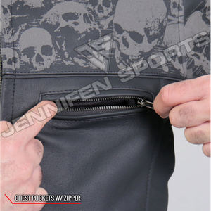 เสื้อแจ็คเก็ตรถจักรยานยนต์กันลมผู้ชายพร้อมกะโหลกพิมพ์หนัง Cowhide ของแท้หนังเรียบซิปปิดภายในซับใน - Product Image 2