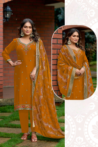 Latest <b>Viscos</b> Upada Heavy Chinon Formal Embroidery Work Knee-Length Loose Fit Kurti with Embroidered Pant Dupatta for Parties - Product Image 4