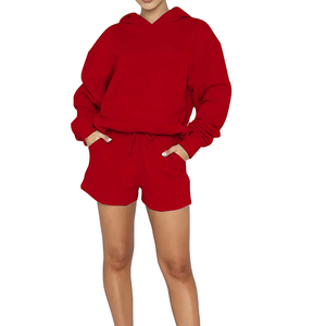 Dernier prix meilleure qualité sweats à capuche pour femmes et short 2 pièces ensemble tenue décontracté couleur unie sweats à capuche pour femmes - Product Image 6