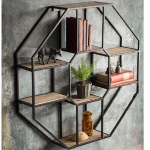 Geometric metal <b>wall</b> shelf with durable mango wood planks <b>for</b> modern storage stylish display and contemporary home decor - Product Image 4