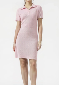 Pink Knitted Polo Neck Bodycon Mini Dress Short Sleeve Casual Summer Fitted Solid Color Breathable Daily Wear - Product Image 4