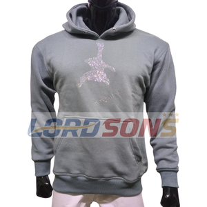 Sweat à capuche en polaire polyester 350 GSM gris argenté, coupe classique, logo en strass, cordon de serrage personnalisé, décontracté pour l'hiver - Product Image 1