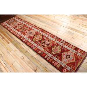 Tapis Herki vintage 3x12,7 pieds, tapis turc en laine rouge à motifs floraux - Product Image 4