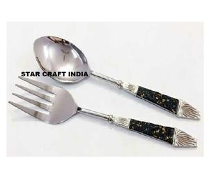 Serveur à salade avec manche en résine en acier inoxydable grande petite cuillère fourchette et couteau ensemble de vaisselle couverts en métal cadeau fête de mariage - Product Image 1