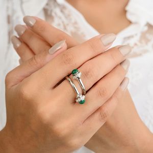 Bague haut de gamme en or blanc massif 18 carats Passe de conception fantaisie ouverte avec malachite et diamant de taille ronde naturelle pour le mariage des femmes - Product Image 2