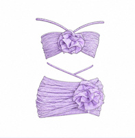 Set Bikini 3 Potong Wanita Motif Bunga 3D yang Dapat Disesuaikan, Tali Tipis, Bahu Terbuka, Rok Kerut, Bahan Waffle, Baju Renang Pantai, Mendukung OEM ODM