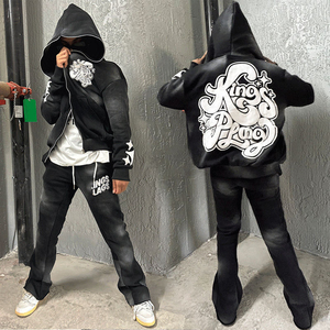 OEM 100% Custom Streetwear Puff Print Acid Wash Hoodies Stacked Flared Sweat Pants Chándal Zip up Hoodie - Product Image 1