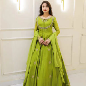 ชุดอนาร์คาลีสีเขียวล้วนพร้อมมือประดับดูเพตตาสำหรับ Eid & UL Adha สำหรับแฟชั่นอินเดียและปากีสถาน - Product Image 1