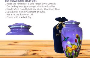 Adult Purple Hummingbird Cremation Urn Human Ashes Adult <b>Memorial</b> urn Burial Funeral Cremation Urns 200 Cubic Inches Large - Product Image 6