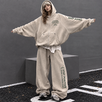 Conjunto de Sudadera con Capucha Estampada Vintage Y2K Oversize Cortavientos con Letras Bordadas y Pantalones de Chándal Estilo Streetwear con Lavado Ácido para Mujer
