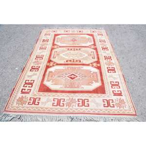 Authentique tapis turc vintage rouge beige 5.7x7.8 pieds grande surface style kilim patchwork motif laine latex pour couloir chambre décor - Product Image 1