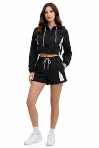 Conjunto de Sudadera con Capucha de 2 Piezas para Mujer, Color Sólido, Cierre de Cremallera de Cuarto, Pantalones Cortos con Cordón, Transpirable, Spandex/Poliéster, Cómodo, Largo hasta la Rodilla, para Yoga - Product Image 2