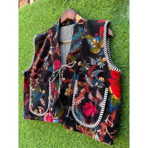 Chaqueta Reversible acolchada de terciopelo Floral de algodón para mujer, chaleco bohemio Hippie sin mangas, chaleco técnico teñido liso, chaleco de invierno Unisex - Product Image 4