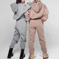 Ensemble de survêtement décontracté deux pièces en coton tricoté 100 % uni de haute qualité pour femme, avec sweat à capuche et pantalon de jogging, personnalisable, coupe classique