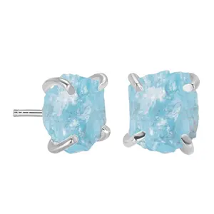 Màu Xanh Nguyên Liệu Aquamarine Birthstone Đá 925 Bạc Mạ Vàng Mạ Điện Thời Trang Thả Bông Tai Cho Phụ Nữ Valentine Đồ Trang Sức