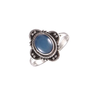 Oxidized 925 Sterling <b>Silver</b> Classic Bezel Setting Blue Chalcedony Women's <b>Eternity</b> <b>Ring</b> - Product Image 2