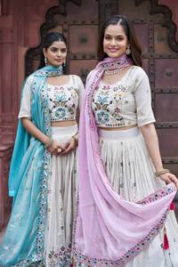 Unity Luxury Women's Wedding off <b>White</b> Silk Blend Lehenga Choli with Pastel Pink <b>Chiffon</b> Dupatta - Product Image 5