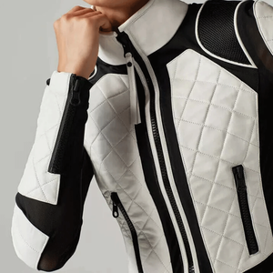 Chaqueta de cuero de piel de cordero auténtica blanca y negra para mujer más vendida chaqueta de cuero de motorista ajustada para mujer - Product Image 4