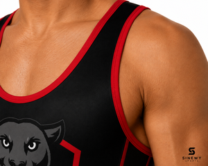 SINGLET DE LUCHA SINEWY SPORTS para Hombre, Sublimado Personalizado, Diseño Pantera Negra y Roja, Elástico, Protección UV Frontal, Secado Rápido - Product Image 2