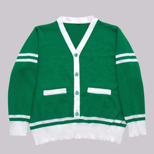 เสื้อคาร์ดิแกนถักไหมพรมแบบยูนิเซ็กซ์ สีเขียวขาว คอวี แต่งสีตัดกัน สไตล์พรีปปี้ กระดุมติดแบบคลาสสิก สไตล์วิทยาลัย - Product Image 3