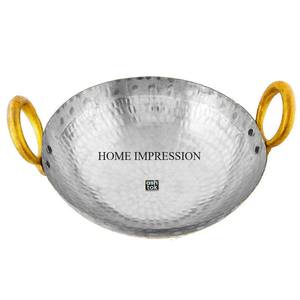 Finition couleur argent brillant poli grande texture martelée forme ronde métal Kadhai fournitures avec poignées en aluminium plaqué or - Product Image 1