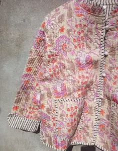 Chaqueta Reversible acolchada de algodón con estampado de bloques para mujer, abrigo de algodón indio hecho a mano para mujer, chaqueta bohemia de verano, Boho chic - Product Image 2