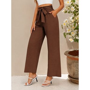 Pantalones Largos de Mujer con Cintura Alta Elástica y Cordón Ajustable, Corte Ancho y Detalle Arrugado, 36683 - Café - Product Image 2