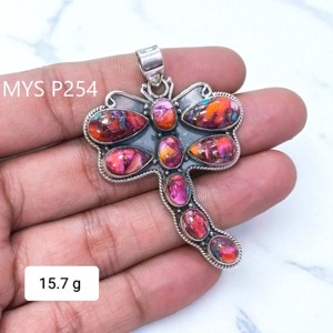 จี้เงินแท้ 925 ประดับด้วยพลอยสีชมพูธรรมชาติและพลอยสีฟ้าอมเขียว อุปกรณ์เสริมเครื่องประดับชั้นดี - Product Image 1