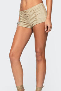 Pantalones cortos de cintura alta elástica de cuero de tendencia para mujer personalizados 100% algodón suave mezclado ligero Casualwear pantalones cortos de mujer - Product Image 5