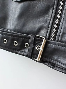 แจ็กเก็ตหนัง PU สำหรับผู้หญิง, แจ็กเก็ตมอเตอร์ไซค์ทรงหลวมแขนยาวดีไซน์ยาวยาวปานกลางเสื้อแจ็คเก็ตหนังถัก - Product Image 3