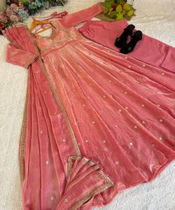 DESIGNER FENDY SATIN SEQUENCE EMBROIDERY WORK GOWN BOTTOM DUPATTA WEDDING WEAR WHOLESALE PRICE ETHNIC GARMENT BABY PINK COTTON - Product Image 6