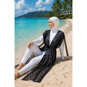 Pareo Largo de Chifón con Estampado Negro y Cintura Ajustable, Elegante Cubre Traje de Baño - Product Image 1