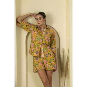 Conjunto de Dos Piezas de Lino con Estampado de Hibisco, Estilo Acampanado, Largo por Encima de la Rodilla, Color Sólido, Talla XS a XL para Verano - Product Image 6