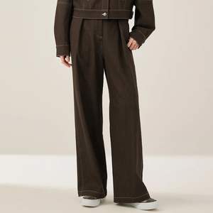 Pantalones vaqueros de pierna ancha de cintura alta para mujer, mezcla de algodón, patrón sólido transpirable, estilo informal, diseño frontal plano para primavera y otoño - Product Image 3