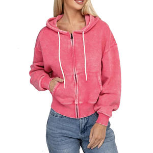 เสื้อฮู้ดครอปซิปสีชมพูฟอกสีแบบ Hot Sale สำหรับผู้หญิง รับผลิตตามแบบ OEM ดีไซน์ซีดจางแบบโดนแดด ผ้าไม่เป็นขุย ระบายอากาศได้ดี - Product Image 3