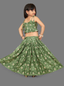 Shoryam - Lehenga Choli Largo hasta el Suelo con Estampado Digital Verde para Niñas |   Traje Tradicional Étnico para Niños, Completamente Cosido, para Bodas y Fiestas - Product Image 4