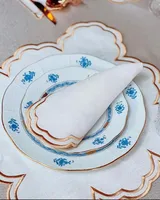 Set de table en lin blanc serviette de table couverts et pochettes ensemble de table brodé en lin à bord festonné doré réutilisable personnalisable