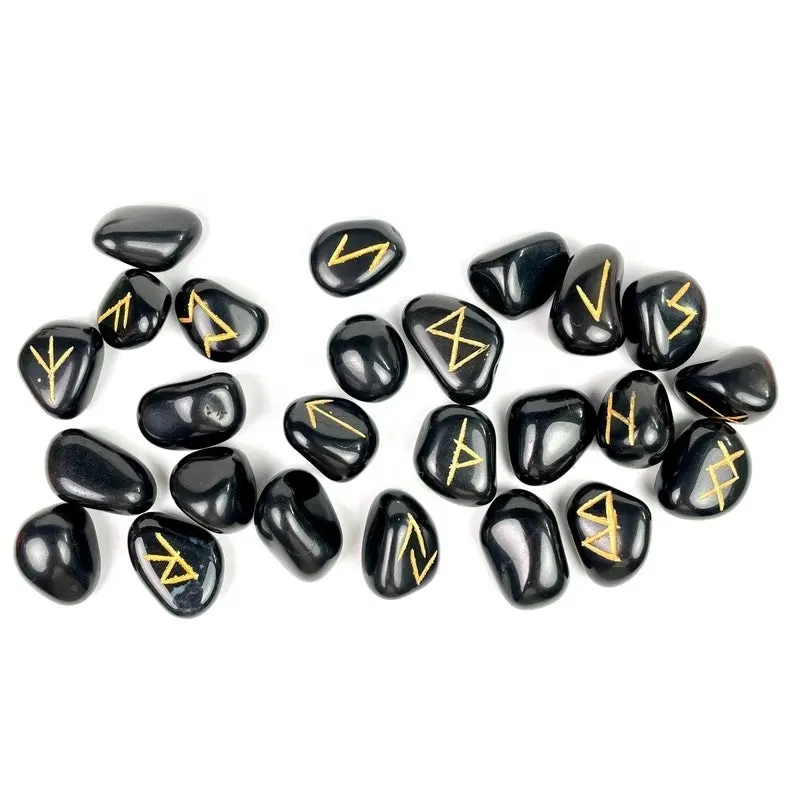 Factory Price Natural Black Agate Rune Set With Bag For Healing And Home Decoration From India