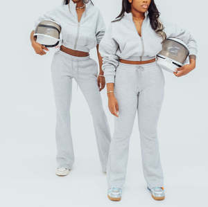 custom fleece tracksuit women stylish 2 Piece SetSlimSkinny zip up crop <b>top</b> sweatshirt with flare pants wholesale gym wear - Product Image 1