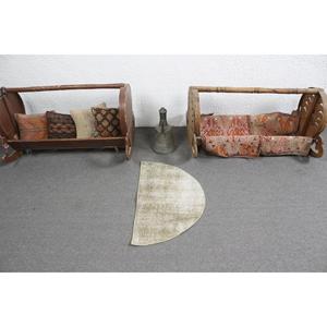 Tapis rond vintage turc 2,5x1,5 pieds, tapis en laine grise - Product Image 3