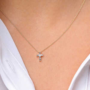 Baguette Diamond Tiny Cross Necklace Dainty 18K <b>Gold</b> IGI Certified 0.38CTW Elegant Classic High Quality Customizable Women's - Product Image 6