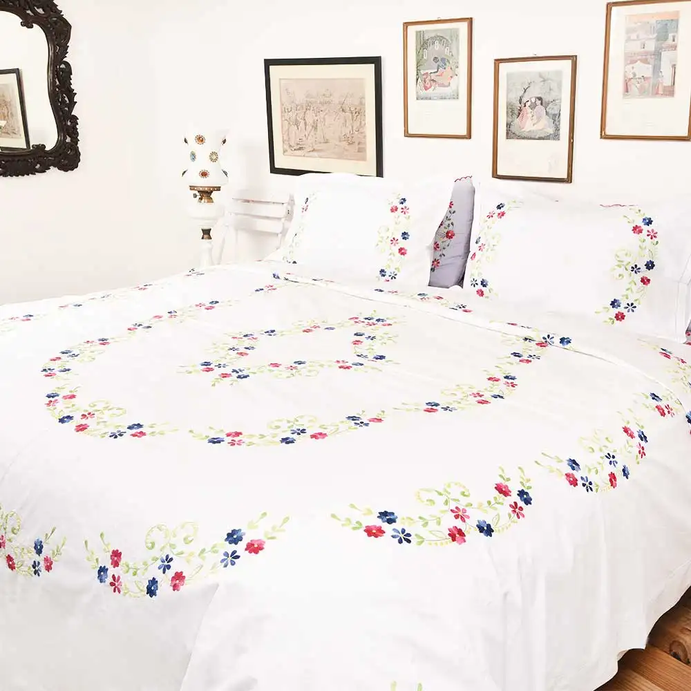 Funda de edredón Floral bordada a mano, dos fundas de almohada, Multicolor, BL-149, color blanco, rojo y azul