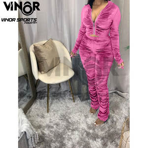 Sweat-shirt à capuche zippé confortable pour femme et pantalon froncé survêtement 2 pièces en velours empilé pour vêtements de sport automne/printemps - Product Image 5